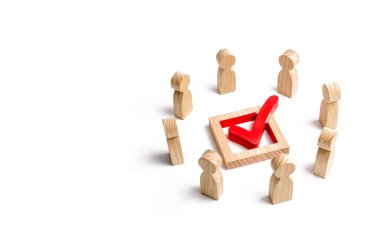 İnsanlar bir daire içinde standı ve kutuya onay işareti bakın. seçim, anket veya referandum. Anket insanlar. Seçmenler parlamento seçimlerinde katılmak. Karar verme, takım çalışması. Seçici odak