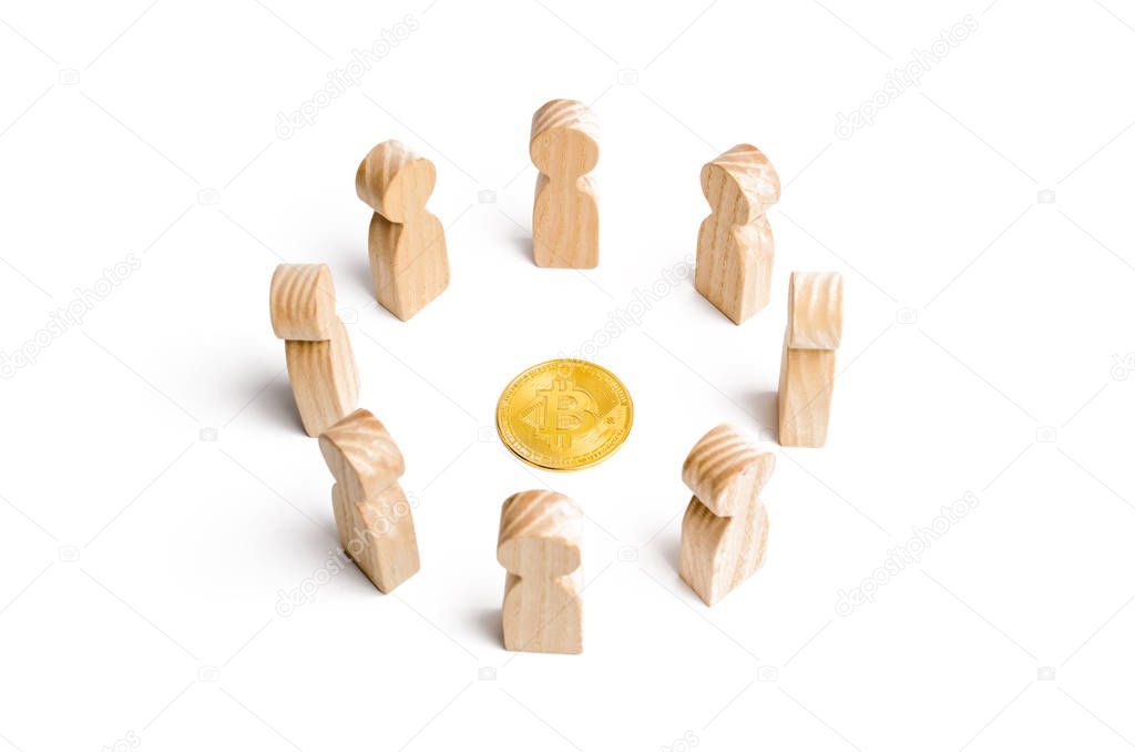 A circle of people are standing around a bitcoin coin on a white background. cryptocurrency and blockchain technology. Decentralization of the financial system, execution of transactions.