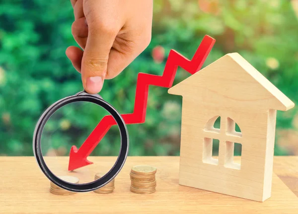 房地产价格的下降 人口减少的概念 对抵押贷款的利息下降 减少购买住房的需求 公用事业价格低廉 向下箭头 房地产 — 图库照片