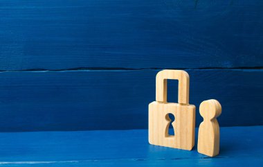 Güvenlik ve alarm sistemi. Güvenlik hizmeti. Bir kişi asma kilitler ile ahşap figürü. üç kişi bir kilit ile. Güvenlik ve emniyet, teminat, kredi bir ipotek için. Müsadere Özellik borçları için.