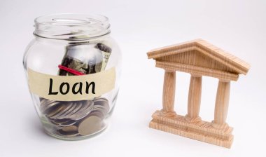 Cam kavanoz sikke ve kelime kredi ile ve state binası. Borç, borç veya alacak bir bankadan almak. Mevduat kavramı. Finansal Yönetim ve başarılı kredi.
