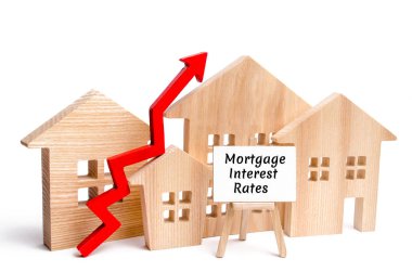 Ahşap ev ve yazıt Mortgage faiz oranları ve yukarı ok. İpotek oranları ve vergi toplama. Vade farkı ödemeleri artış. Konut için azaltılmış talep. Kredi için konut, daire