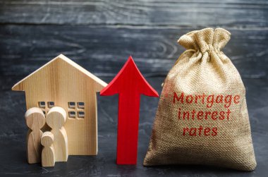 Para ve kelime Mortgage faiz oranları ve yukarı ok aile ve ev ile çanta. İpotek oranları ve vergi toplama. Vade farkı ödemeleri artış. Kredi için konut, daire