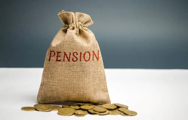 Una Bolsa Con Dinero Palabra Pensión Pagos Pensiones Ayuda Del — Foto de Stock