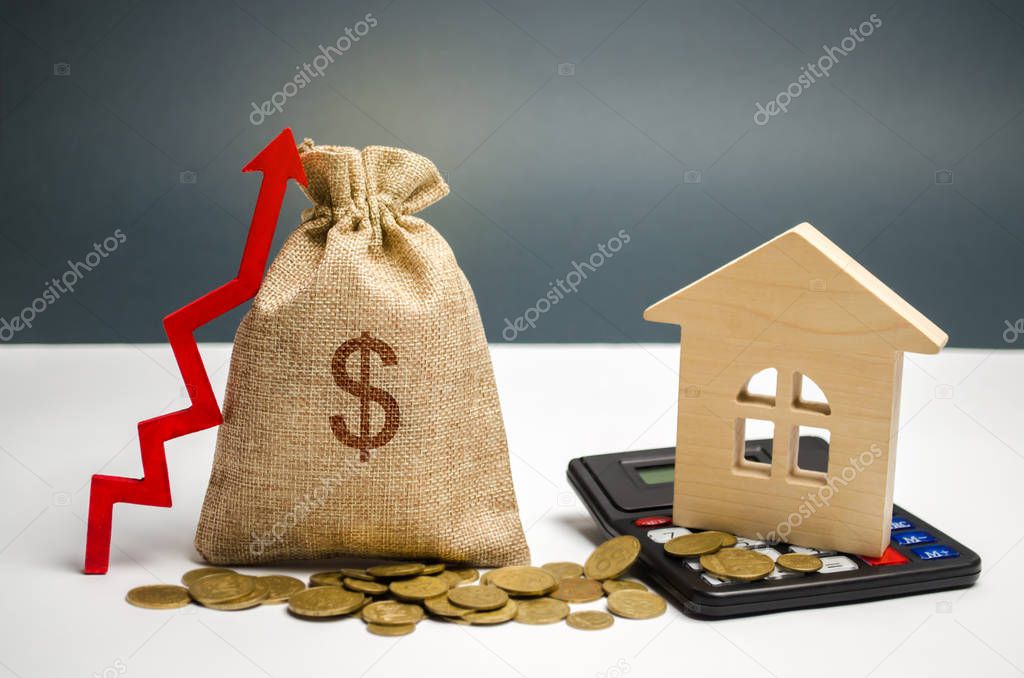 A bag with a dollar sign, an up arrow and a house. The concept of increasing the value of real estate. The increase in rents for housing. Raising interest rates on mortgages. Debt growth of house