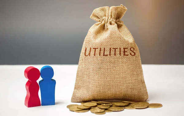 A money bag with the word Utilities and a family. The concept of saving money for the payment of utilities. The accumulation of money. A large debt. Electricity bill, heating. Debt repayment