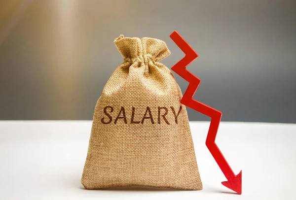 Money bag with the word Salary and arrow to down. lower salary, wage rates. demotion, career decline. lowering the standard of living. wage cuts. decrease in profits and family budget