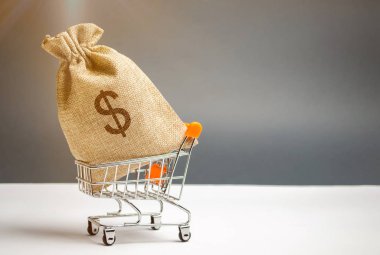 Para çantasını süpermarket arabası ve dolar işareti. Para yönetimi. Para piyasası. İndirimler ve düşük fiyatlar. Hediye çeki satın almak için. Katkı ve yatırım. Cashback. Kredi ve kredi