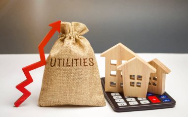 Para çantasını word araçları ile ve yukarı ok ve evler bir hesap makinesi. Araçları kullanımı için fiyatları yükselterek kavramı. Ödeme faturaları. Su, elektrik ve Isıtma için yükselen fiyatlar