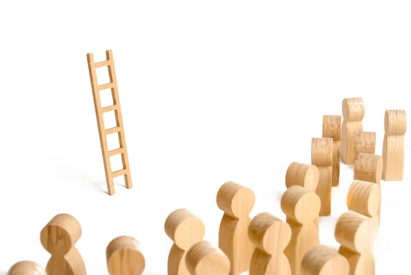 Group of people looking at the ladder. career ladder. Promotion at work, business, self-development, leadership skills, social elevator, social rating system. minimalism, anomaly. Alternative option,