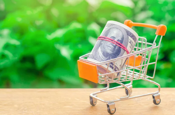 Süpermarket Arabası Yeşil Bir Arka Plan Üzerinde Online Alışveriş Kavramı — Stok fotoğraf