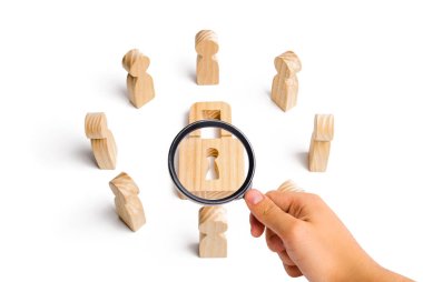 Ahşap figürler insan asma kilit kuşatır. kişisel veri ticari sırlar, sırları bağlılığı korunması kavramı. Sırların korunması. Banka gizlilik. Bilgi ağlarının korunması.