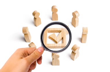 İnsanlar bir daire içinde standı ve kutuya onay işareti bakın. seçim, anket veya referandum. Anket insanlar. Seçmenler parlamento ya da Başkan, ekip çalışması, seçimlerde katılmak. Seçici odak