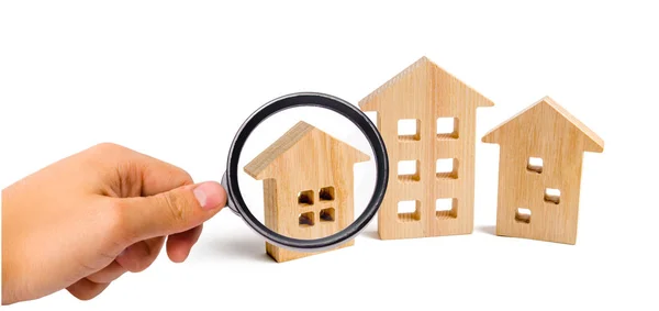 Lupa Está Mirando Las Casas Madera Sobre Fondo Blanco Creciente —  Fotos de Stock