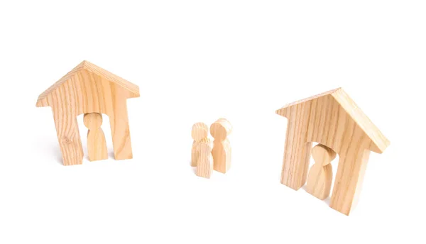 Wooden Houses People Man Them White Background Neighbors Relations Neighbors — Stock Photo, Image