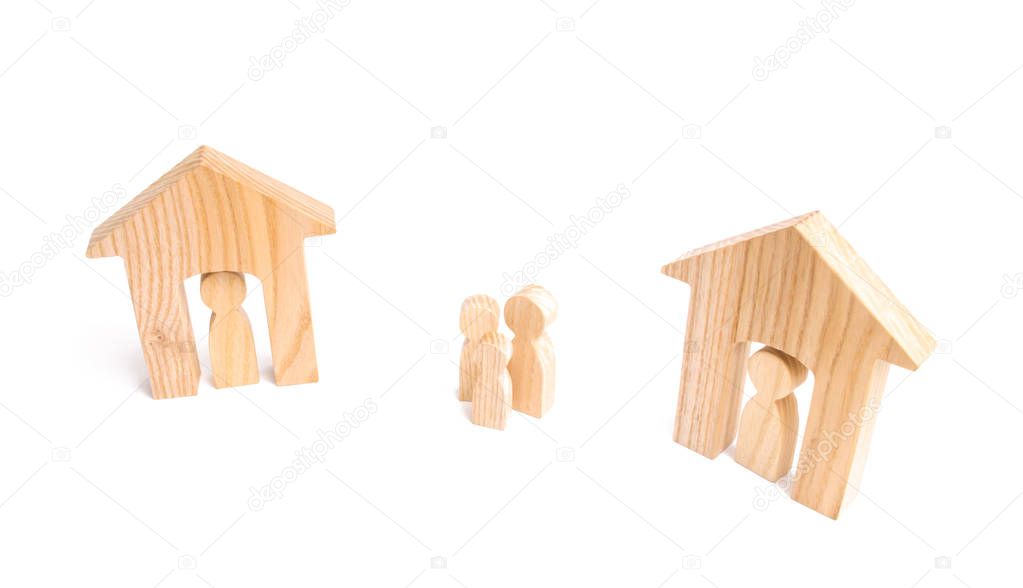 Wooden houses and people and a man between them on a white background. Neighbors. Relations between neighbors in the suburbs. A homeless family, lack of shelter and shelter.