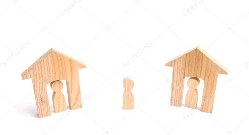 Wooden houses and people and a man between them on a white background. Neighbors. Relations between neighbors in the suburbs. A homeless person, the choice of a parent for housing.