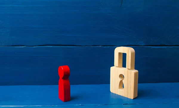 A red figure of a man looks at a padlock. information, entrance. concept of the preservation of secrets, information and values. Protection of data and personal information. Hacking attack, hacking