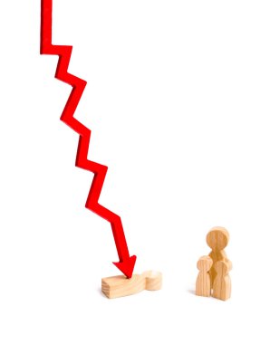 Family member hit by red arrow. The concept of loss of a parent, loss of a breadwinner. Disease or accident at work. Compensation and compensation to the family of the deceased. Firing, pressure.