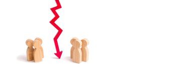 Ahşap kırmızı grafik ok aşağı durumda tartışırken iki gruba böler. Fesih ve ilişkileri arıza, kırma bağlıyor. Sözleşme sonu, çatışması. Müzakereleri. afiş