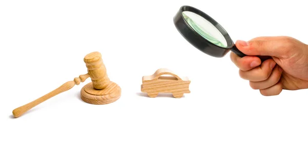 Magnifying Glass Looking Wooden Figurine Car Hammer Judge White Background — Fotografia de Stock