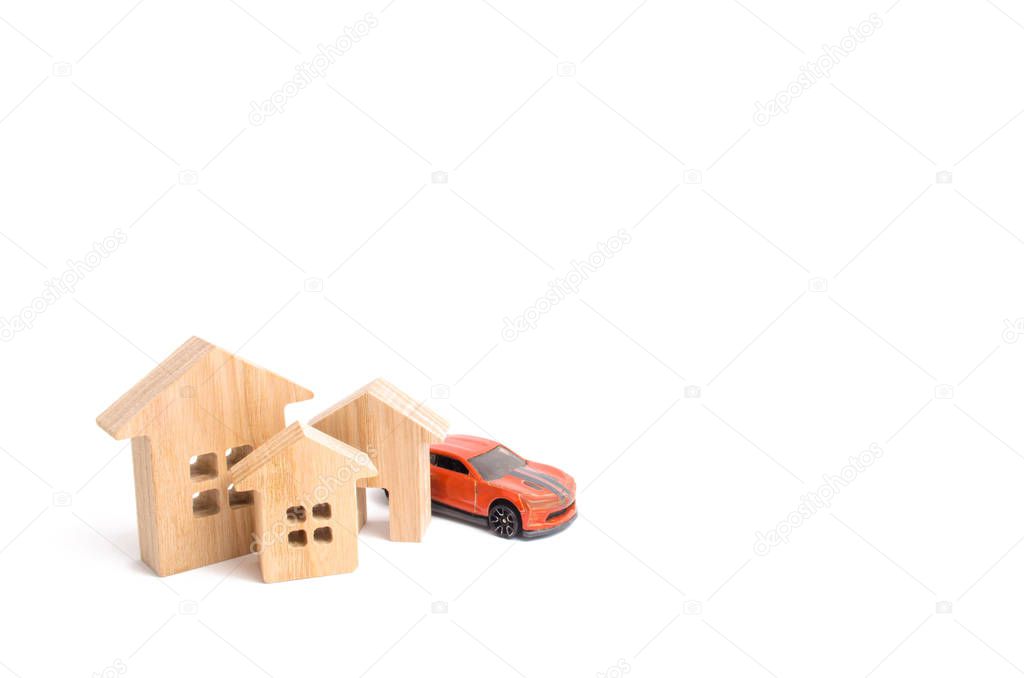 Houses and car on a white background. The concept of success and the acquisition of real estate and transport. Buying a house or apartment, purchasing a car. Middle class. Luxury tax. Property tax.
