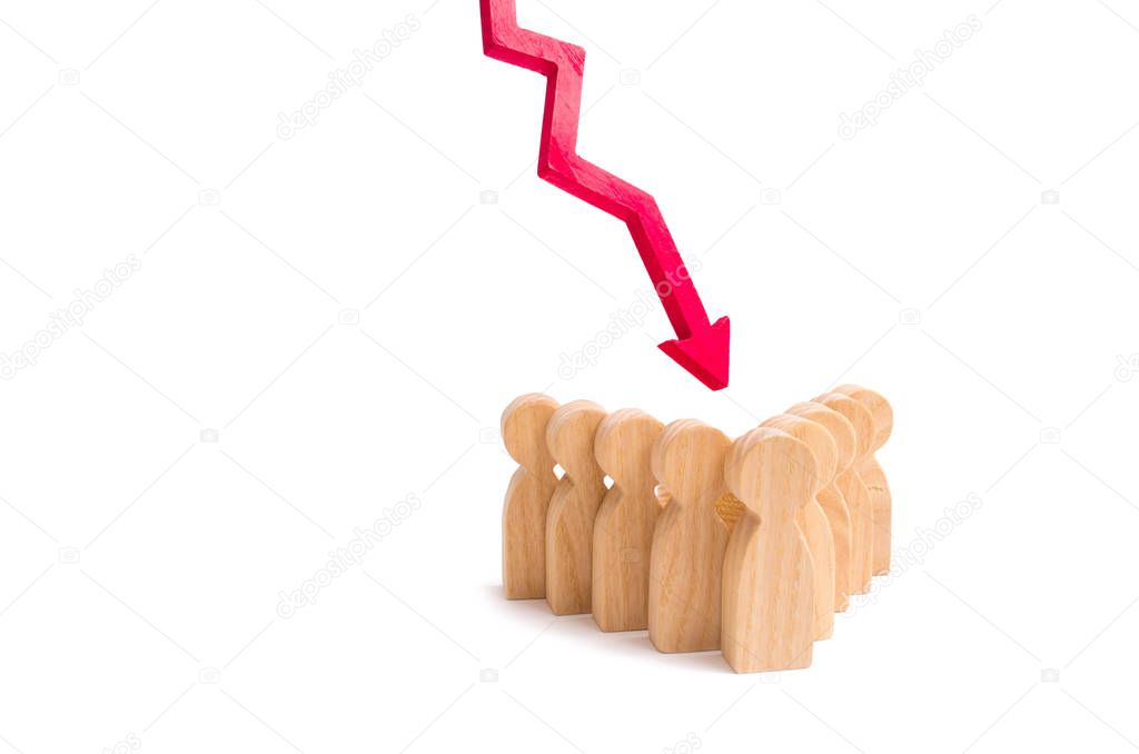 A group of people in an arrow formation and a red down arrow. Concept of falling team morale. Low supply of qualified personnel in the labor market. Drop in income, low rating. Political force