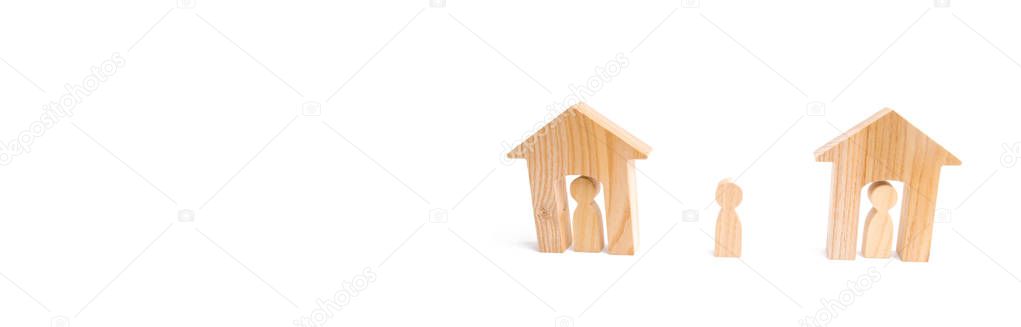 Wooden houses and people and a man between them on a white background. Neighbors. Relations between neighbors in the suburbs. A homeless person, the choice of a parent for housing. banner