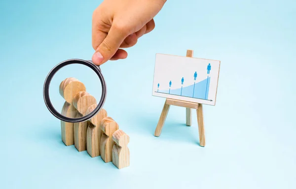 Magnifying glass is looking at the Wooden figures of people from small to large stand in a semicircle with information stand. The concept of self-development, growth of personality and professionalism