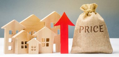 Minyatür ahşap evler, Fiyat kelimesiyle bir para çantası ve yukarı ok. Artan konut fiyatları kavramı. Yükselen kira. Emlak Piyasası büyüme. Mortgage faiz oranları artıyor