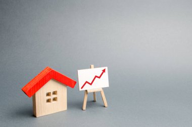 Tahta ev ve kırmızı okla ayakta dur. Konut ve emlak talebi artıyor. Şehrin ve nüfusunun artması. Yatırımlar. Konut fiyatlarının yükselmesi kavramı. Seçici odak