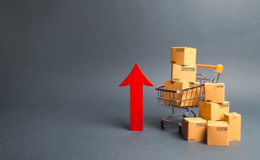 Karton kutular ve kırmızı yukarı ok ile alışveriş sepeti. Büyüme toptan ve perakende. Tüketici duyarlılığının iyileştirilmesi, ekonomik büyüme. Mal fiyatlarının yükselmesi, enflasyon. ürünün popülaritesinin artması