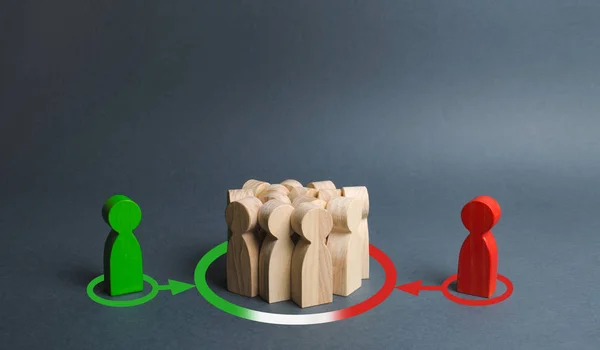 red and green figures of people influence the crowd. Pressure, influence on public opinion, communicating. influence of media oligarchic groups on the opinion of the population. change to their side