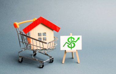 Ticaret arabasında kırmızı bir çatı evi ve bir standda yeşil ok. Gayrimenkulün maliyetini ve likiditesini artırmak. Cazip yatırım. yükselen fiyatlar veya kiralama. Emlak piyasasında patlama