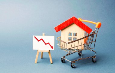 House in the shopping cart and a stand with red chart arrow down.The fall of the real estate market. concept of value or cost decrease. low liquidity and attractiveness. cheap rent or cost of buying. clipart