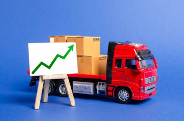 Red truck loaded with boxes and stand with a green up arrow. Raise economic indicators and sales. Exports, imports. High trade volumes, growth production, storage infrastructure Transit and delivery clipart