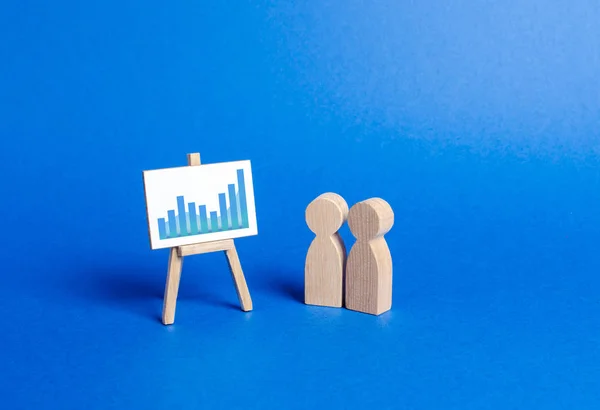 Figuren van mensen kijken naar de stand met een positieve trendgrafiek en bespreken bedrijfsstrategie en plannen voor de ontwikkeling van het bedrijf. Analyse van de resultaten, informatie over de kennismaking, marktanalyse — Stockfoto