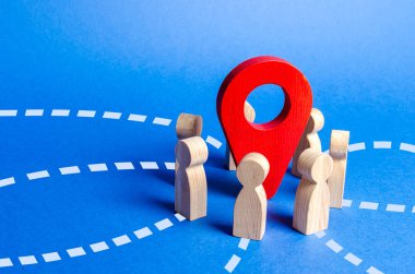 İnsanlar kırmızı navigasyon işaretçisi pin etrafında toplandı. Buluşma yeri kavramı. Uzun zamandır beklenen toplantı, bir arkadaş şirketi, internet üzerinden tanıdık. Olay veya tatil. Ortak gezi organizasyonu