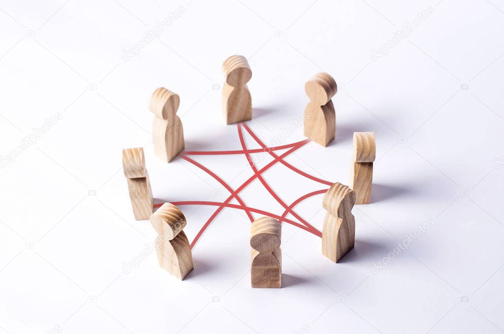 Circle of people interconnected by red curves lines. cooperation, teamwork, training. Staff, community meeting. Collaboration and cooperation, participation. Social connections, joining to solve tasks