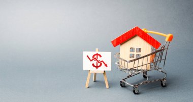 Alışveriş sepetinde ev ve bir dolar işareti aşağı ok ile şüskül. Emlak piyasasının düşüşü. değer veya maliyet düşüşü kavramı. düşük likidite ve çekicilik. ucuz kira veya buyin maliyeti