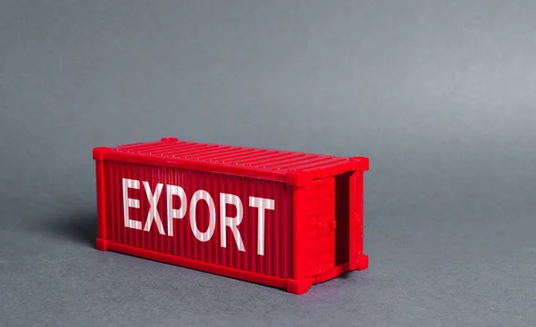 Red cargo shipping container with the word Export. The concept of foreign trade and transportation of goods, delivery, shipping. Industry and production, trade balance and distribution. Globalization