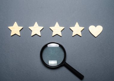 Four stars and a heart instead of the fifth and a magnifying glass. The concept of customer choice. Search. General recognition of the high quality and good reputation of the institution. clipart