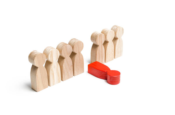 Красная фигура человека выпадает из ряда людей. Концепция стресса и выгорания на работе. Моральное и физическое истощение, слабое звено. Увольнение сотрудника. Ядовитый и неэффективный. больные
.