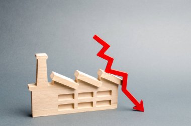 Fabrika heykelcik ve kırmızı aşağı ok. Üretim düzeyinde ve ekonomi düzeyinde bir düşüş kavramı. Sanayi durgunluk, işletmelerin ve fabrikaların karamacı gütmeyen. Ağır sanayi