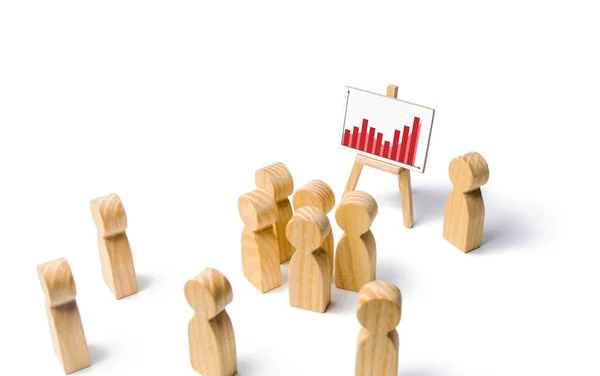 The leader is standing near a stand with sastatistics graph. speaks a speech addressing a crowd of people. Business concept of leader and leadership qualities, crowd management, political debate
