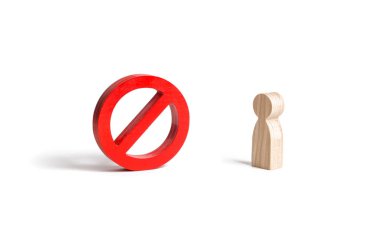 İnsan figürü izole edilmiş bir arka planda hiçbir işaret ya da sembole bakıyor. yasaklama ve kısıtlama. Sansür, internet ve bilgi üzerinde kontrol. Kısıtlayıcı yasalar. Çılgın yasalar. izin verilmiyor