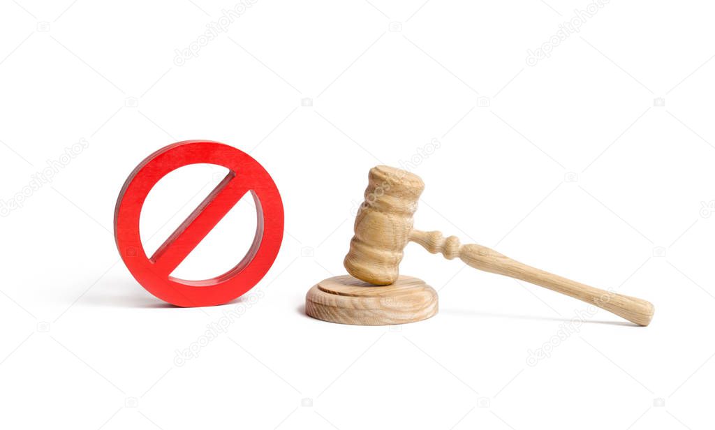 Judge's gavel and NO symbol on an isolated background. The concept of prohibiting and restrictive laws. Prohibitions and criminalization, repression, restriction of freedoms and rights of people