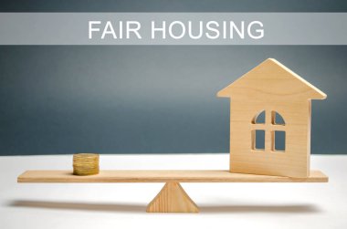 Money and house on the scales with the inscription Fair housing. Home appraisal. Property valuation. Housing evaluator. Fair trade. Legal transparent deal. Apartment purchase / sale. clipart