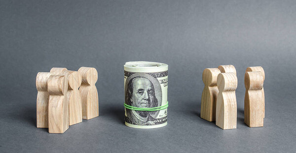 Две группы людей делятся на доллары. Инвестиционная концепция Высокая прибыль и приветственный лот. Культ денег, капитализм. Финансовые инструменты и образование. Достойная зарплата
