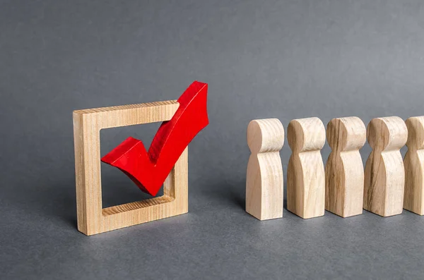 Queue line of people and red tick for voting. Democratic elections concept. Referendum poll. Political campaign for elections. Voting day. social technologies. Volunteers, parties, candidates — Stock Photo, Image